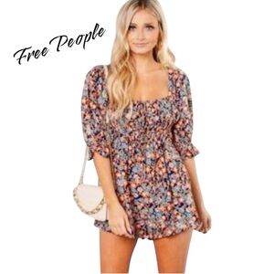 Free People Show Me Love Floral Puff Sleeve Tassel Linen Blend Romper